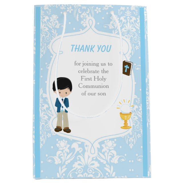 First Communion Black Hair Boy Thank You Medium Gift Bag (Front)