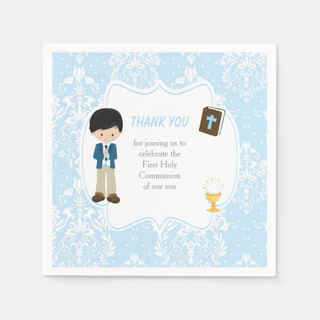 First Communion Black Hair Boy Thank You Napkin (Front)