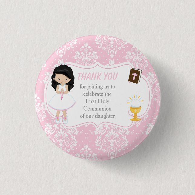 First Communion Black Hair Girl Thank You 1 Inch Round Button (Front)