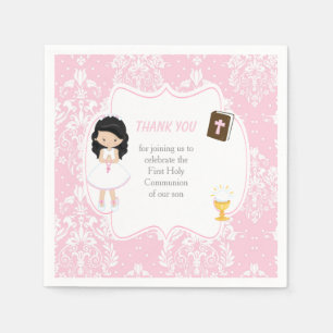 First Communion Black Hair Girl Thank You Napkin