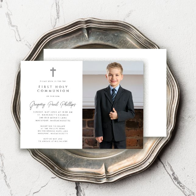 First Communion Black White Minimalist Boy Photo Invitation (Creator Uploaded)