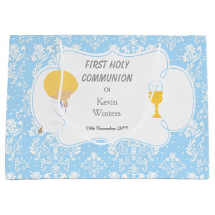 First Communion Blonde Boy Blue Damask Large Gift Bag