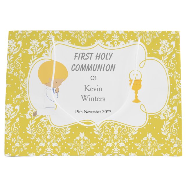 First Communion Blonde Boy Gold Damask Large Gift Bag (Front)