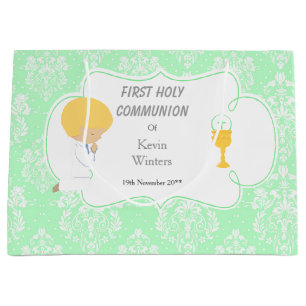 First Communion Blonde Boy Green Damask Large Gift Bag