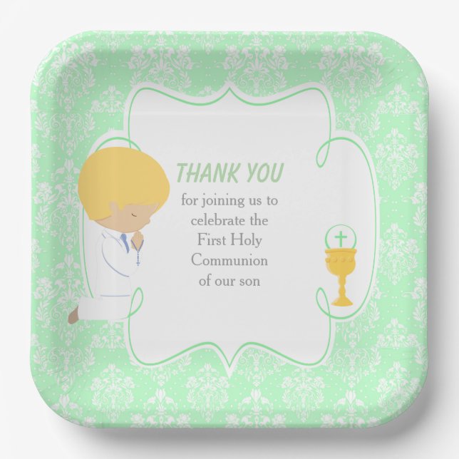 First Communion Blonde Boy Green Damask Paper Plate (Front)