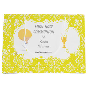 First Communion Blonde Boy Yellow Damask Large Gift Bag
