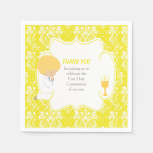 First Communion Blonde Boy Yellow Damask Napkin