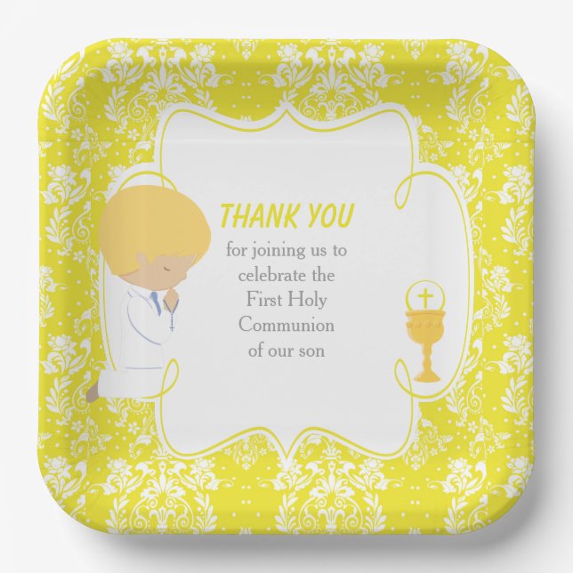 First Communion Blonde Boy Yellow Damask Paper Plate (Front)