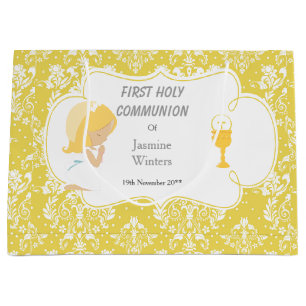 First Communion Blonde Girl Gold Damask Large Gift Bag