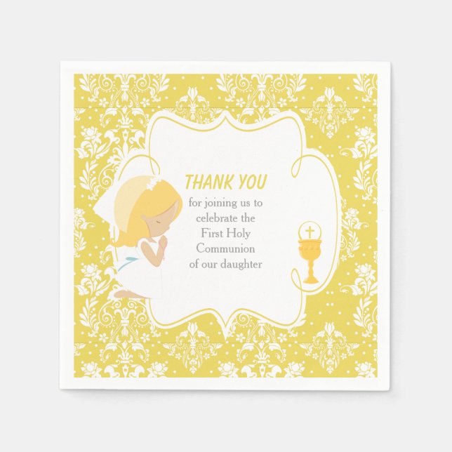 First Communion Blonde Girl Gold Damask Napkin (Front)