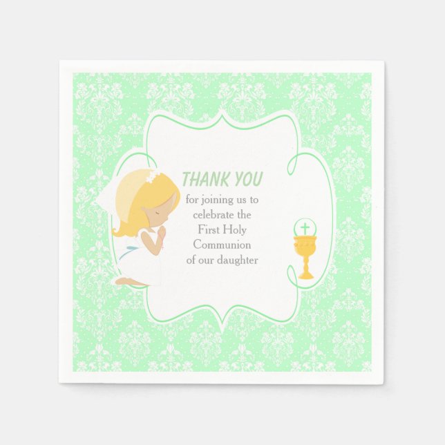 First Communion Blonde Girl Green Damask Napkin (Front)