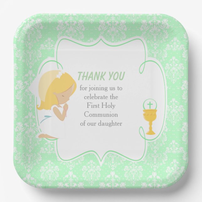 First Communion Blonde Girl Green Damask Paper Plate (Front)