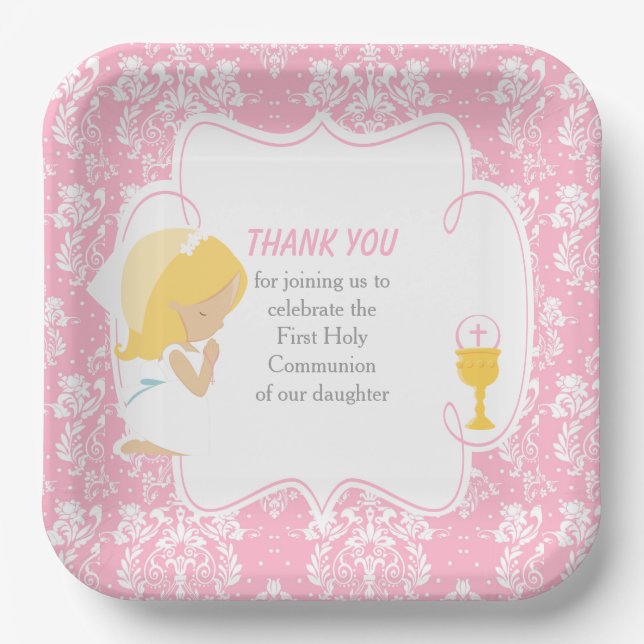 First Communion Blonde Girl Pink Damask Paper Plate (Front)