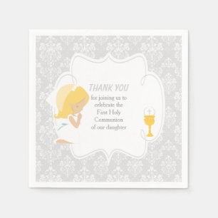 First Communion Blonde Girl Silver Damask Napkin
