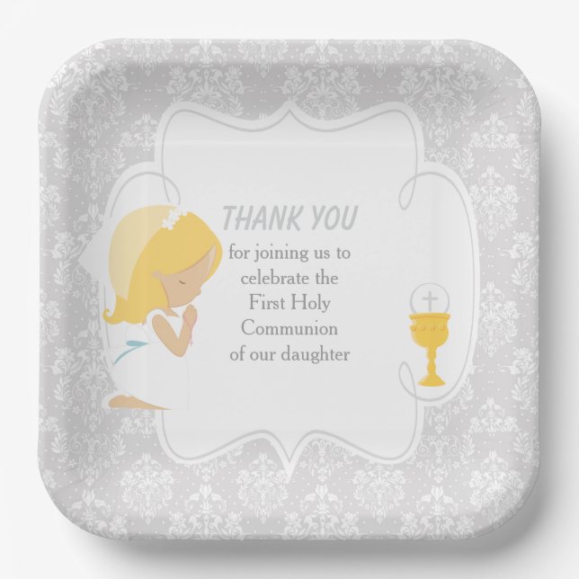 First Communion Blonde Girl Silver Damask Paper Plate (Front)