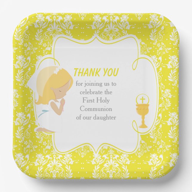 First Communion Blonde Girl Yellow Damask Paper Plate (Front)