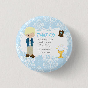 First Communion Blonde Hair Boy Thank You 1 Inch Round Button