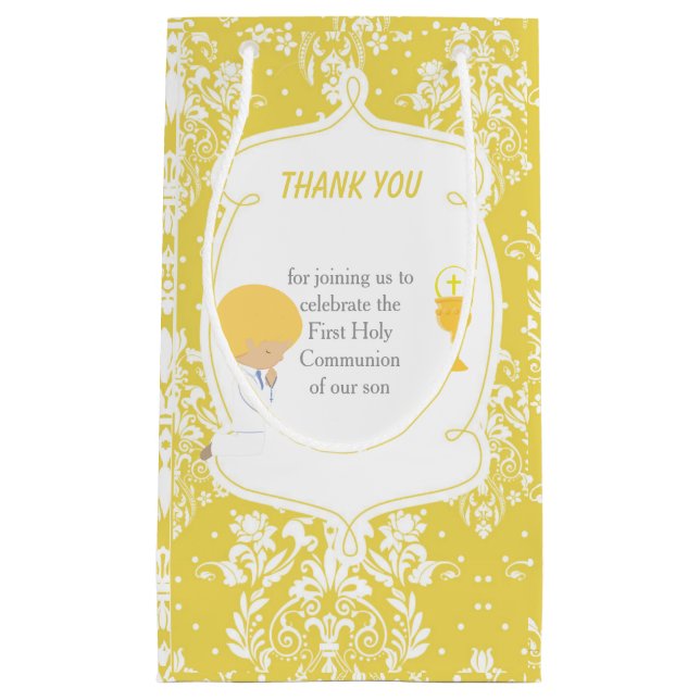 First Communion Blonde Hair Boy Thank You Small Gift Bag (Front)