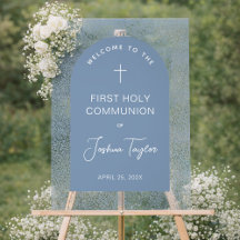 First Communion Blue Arch Floral Pattern Welcome
