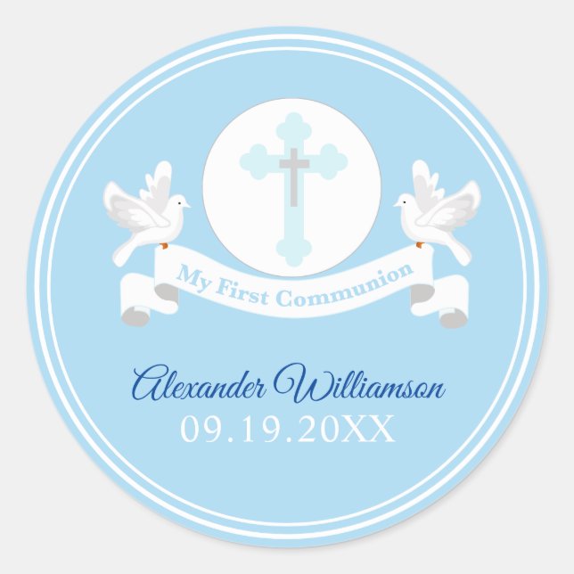 First Communion Blue Classic Round Sticker (Front)