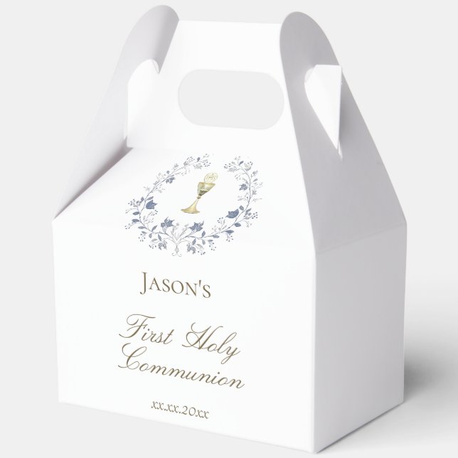 First Communion blue foliage chalice Favor Box (Front)