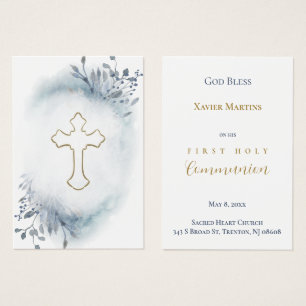 First Communion blue foliage remembrance card