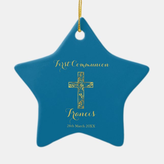 First communion blue gold cross boys ceramic ornament (Front)