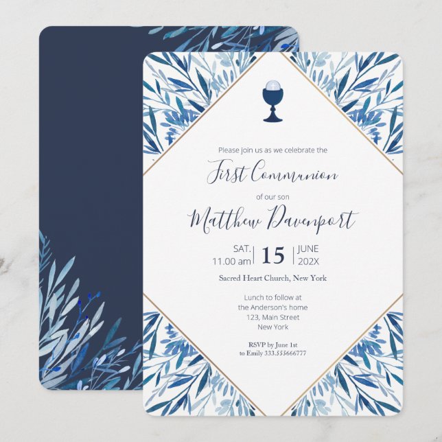 First Communion Blue greenery calice Invitation (Front/Back)
