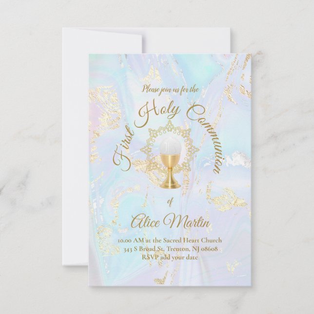 First Communion blue marble Invitation (Front)