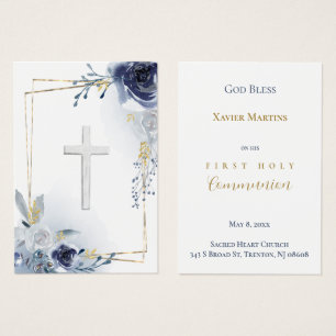 First Communion blue roses remembrance card