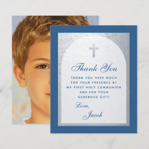 First Communion Blue Silver Budget Thank You Card
