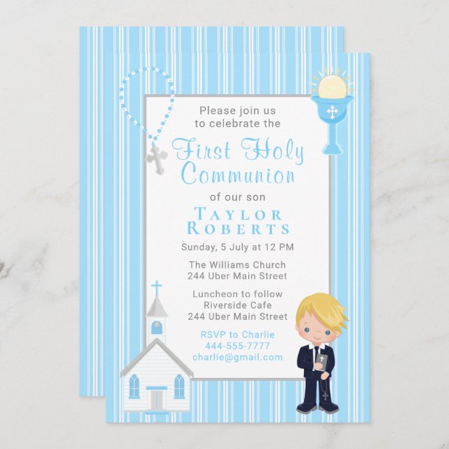 First Communion Blue Stripes Blonde Hair Boy Invit Invitation (Front/Back)