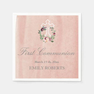 first communion blush marsala floral monogram napkin