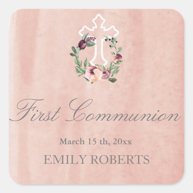 first communion blush marsala floral monogram square sticker (Front)