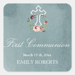 first communion blush marsala floral monogram square sticker