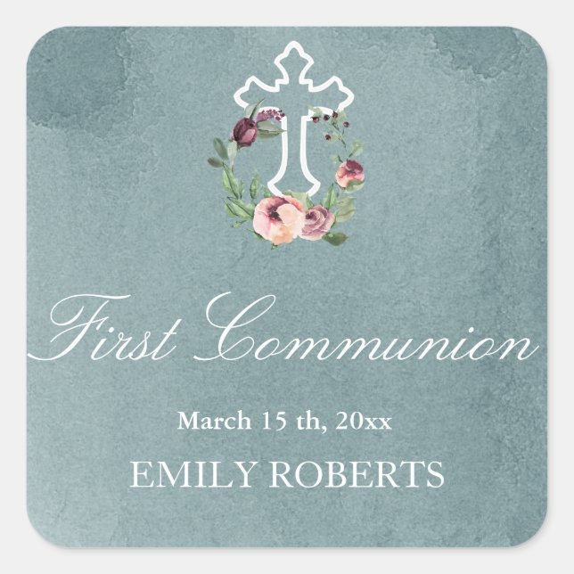 first communion blush marsala floral monogram square sticker (Front)