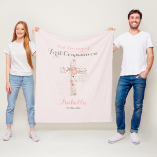 First communion blush pink floral cross name flee fleece blanket