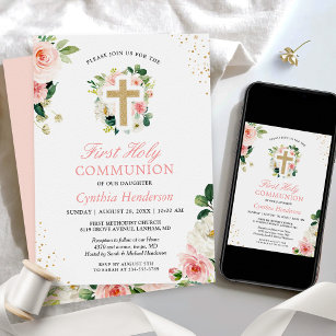 First Communion Blush Pink Floral Gold Glitters Invitation