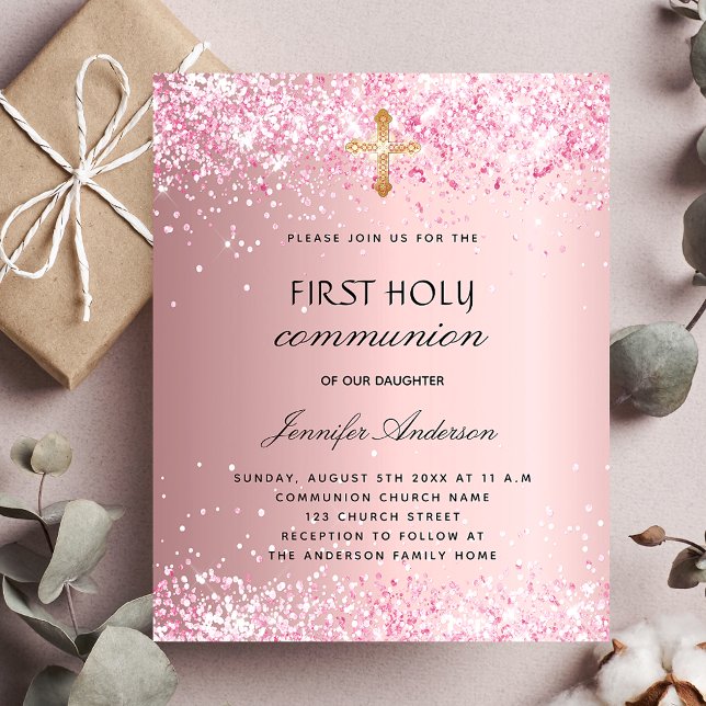 First communion blush pink girl budget invitation flyer (Creator Uploaded)