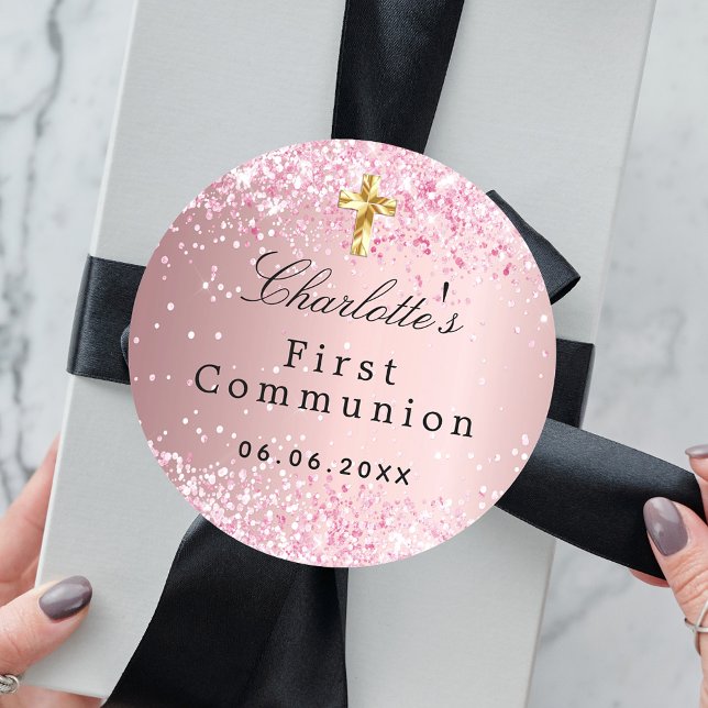First communion blush pink glitter sparkles girl classic round sticker (Creator Uploaded)