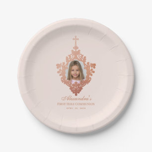 First Communion Blush Pink Rose Gold Girl Photo Paper Plate