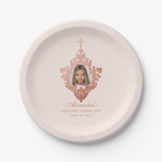 First Communion Blush Pink Rose Gold Girl Photo Paper Plate (Front)