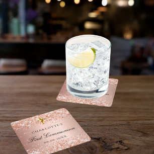 First Communion blush rose gold glitter name  Square Paper Coaster