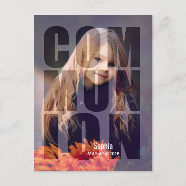 First Communion Bold Photo Overlay Typography Invitation Postcard (Front)