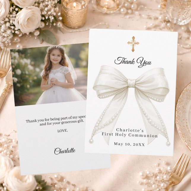 First Communion bow white ivory pearls photo Thank You Card (Creator Uploaded)