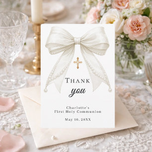 First Communion bow white ivory pearls Thank You Card