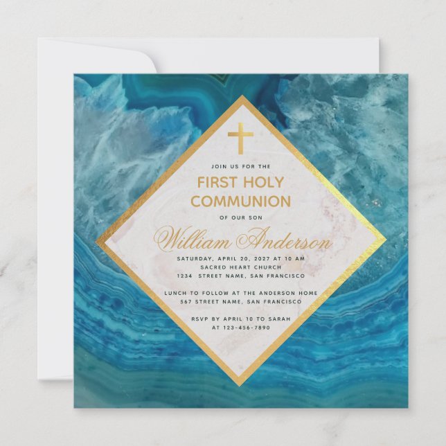 First Communion Boy Blue Geode Faux Gold Marble Invitation (Front)