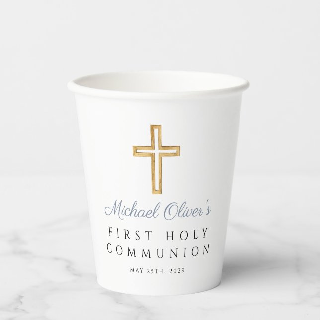 First Communion Boy Blue Religious Cross Paper Cups (Front)
