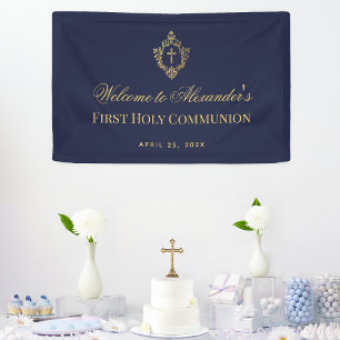 First Communion Boy Navy Blue Gold Vintage Crest Banner