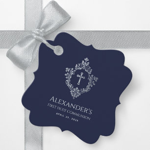 First Communion Boy Navy Blue Vintage Ornate Crest Favour Tags